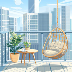 A hanging chair on the balcony, with a coffee table and potted plant next to it. The background is city buildings in a flat illustration style. 