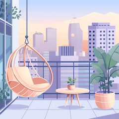 A hanging chair on the balcony, with a coffee table and potted plant next to it. The background is city buildings in a flat illustration style. 