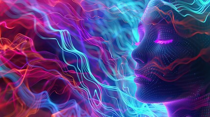 Digital consciousness represented as psychic waves in a neon, surreal mindscape