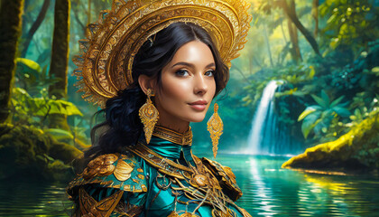 Person wearing an intricate costume on a pond in the rainforest, dark gold.