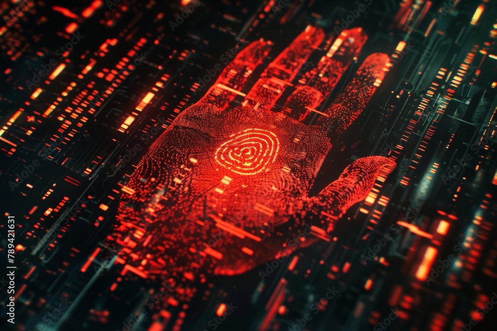 Poster a digital fingerprint scan grants access to a secure system, while a red handprint with a glitch eff