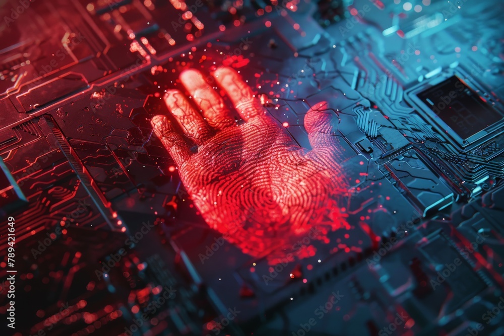 Poster a digital fingerprint scan grants access to a secure system, while a red handprint with a glitch eff