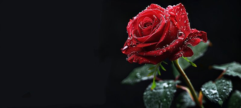 red rose flower with dew on a black background, studio image. generative ai