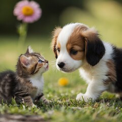 Obraz premium Cute puppy and kitten playing together in the garden on a sunny summer day. AI generated