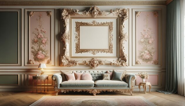 A 3D render of a classic interior living room with a green sofa, gold frame mockup, and elegant vintage-style furniture and floral wall decor. Ideal for showcasing artwork in a sophisticated setting.