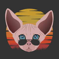 vector illustration of sphinx cat in sunglasses with sunset background, grass silhouette, retro circle, vintage style