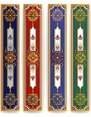 4 rectangular banners with a golden border, vector illustrations, a white background, red, blue and...