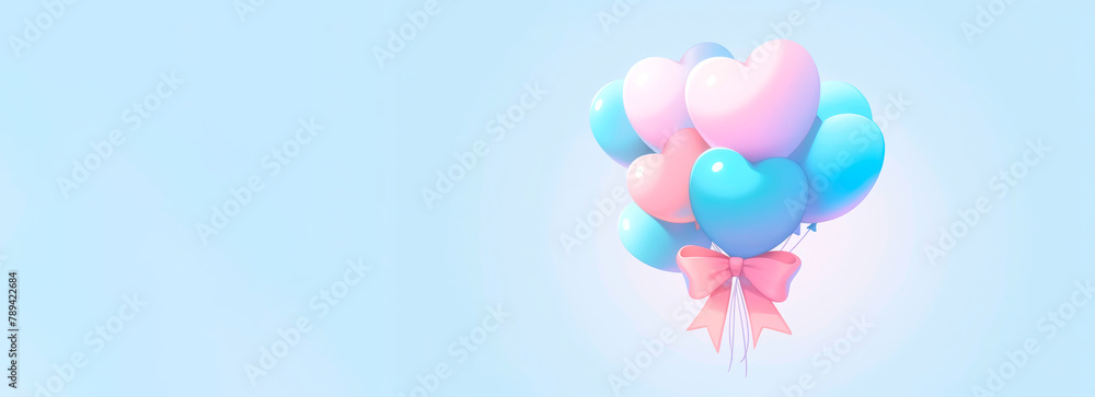 Fototapete 3d image of balloons tied with a bow on an isolated light cyan banner background.