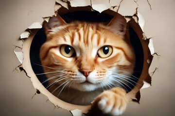 wallpaper hole cat Funny scratches claw isolated domestic beautiful wall mature damage paw sweet brown 1 paper scratch carnivore pedigreed felino - obrazy, fototapety, plakaty