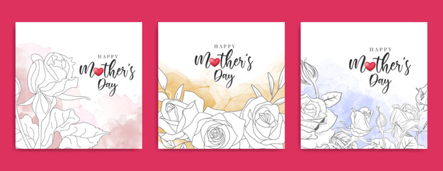 Happy mothers day social media post template or greeting card in modern art style with hand drawn flower. Mother’s day or women’s day holiday celebration banner. Invitation flyer with rose background.
