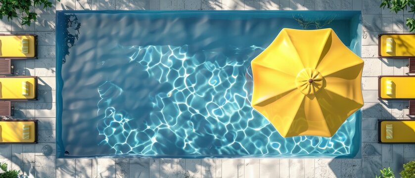 Three dimensional rendering of a swimming pool from above with yellow beach umbrellas and chairs. Summer vacation concept.