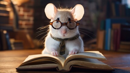 Mouse with glasses reading a book. National Teacher Day in the USA