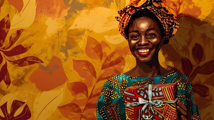 Vibrant African Woman Holding a Gift Box in a Captivating Ankara Fabric Portrait Generative ai - obrazy, fototapety, plakaty