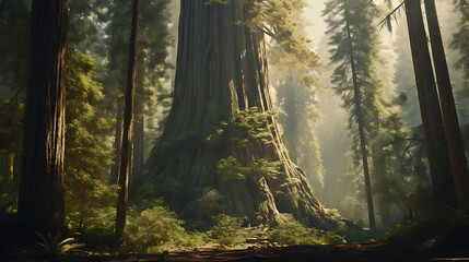 A majestic redwood tree standing tall in the heart of an ancient forest. - obrazy, fototapety, plakaty