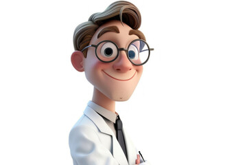 3D rendering cartoon character happy young scientist man with white coat and glasses isolated on white background