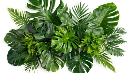 Lush tropical foliage backdrop. Vivid green leaves in a natural arrangement. Perfect for botanical design themes and natural backgrounds. AI