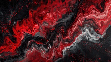 Abstract fluid art with red and black swirling patterns.