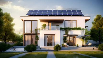 Sustainable living in a modern solar powered home with a rooftop garden oasis.classical hi tech modern house with solar panels on the roof top Energy saving technology - obrazy, fototapety, plakaty