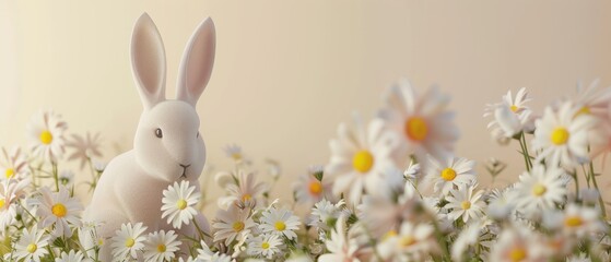 Obraz premium 3d rendering of white bunny Easter with daisies on a cream colored background. Creative concept for a graphic design project.