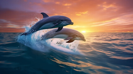 A pair of dolphins gracefully leaping in sync against a backdrop of ocean waves.