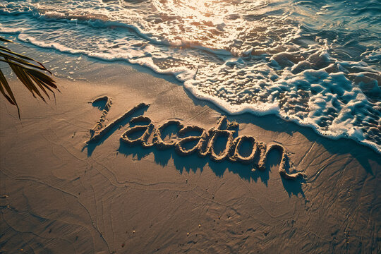 Vacation written in the sand on a tropical beach