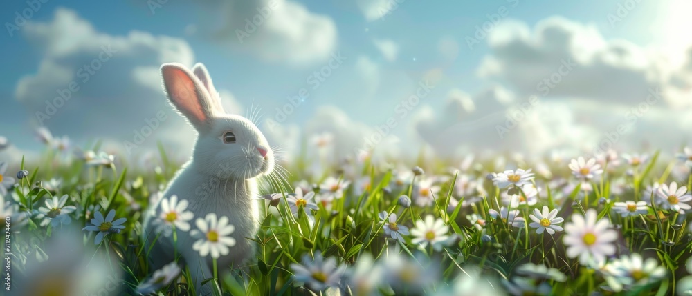 Poster 3d rendering of an easter bunny in a flower field with a blurred sky background. easter spring conce