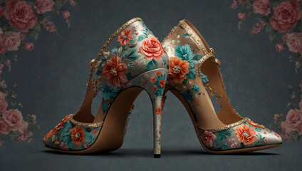 A pair of floral patterned stiletto heels.

 - obrazy, fototapety, plakaty