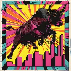 Bull Market Soars in Vibrant Pop Art A Homage to Keith Harings Critical Style Generative ai - obrazy, fototapety, plakaty