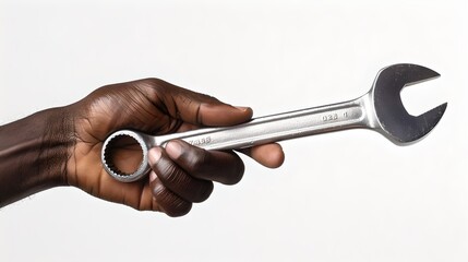 Close-up of a hand holding a silver wrench against a plain background, symbolizing manual work and repair services. Maintenance tool in focus. Professional equipment for technicians. AI