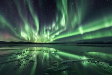 A majestic aurora borealis dancing across the night sky, reflected on a frozen lake with a frosty shore.