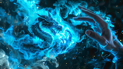 Mystical blue dragon of smoke and fog. symbol of the new year. Mystical dragon closeup view. - obrazy, fototapety, plakaty