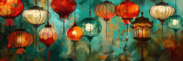 Chinese Lanterns Background, , highlighting its striking features, Graphic Design, digital composition with clean lines and bold typography, Banner Image For Website, Background, Desktop Wallpaper