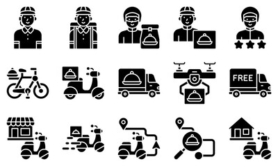 Food delivery essentials solid vector icons set 3