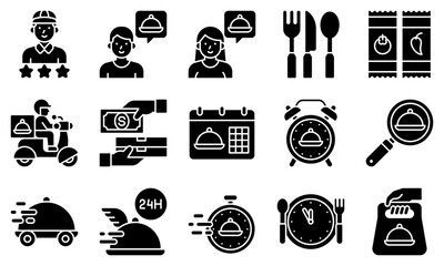 Food delivery essentials solid vector icons set 4