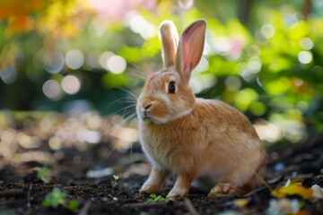 Fototapeta premium Rabbit in the garden on a sunny day. Selective focus.