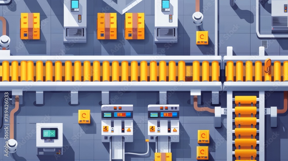 Poster an overhead view and a front view of a conveyor belt at a factory