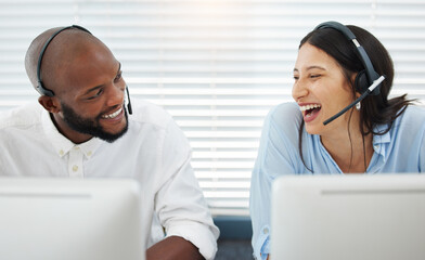 Coworking, laughing or people consulting in call center talking or networking online in telecom...