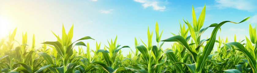 Bright yellow juvenile corn plants lowangle shot under a clear sky sunkissed surrounded by verdant leaves tranquil farm vista  3D render
