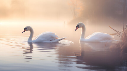 A pair of swans gliding gracefully across a mist-covered lake at dawn.
