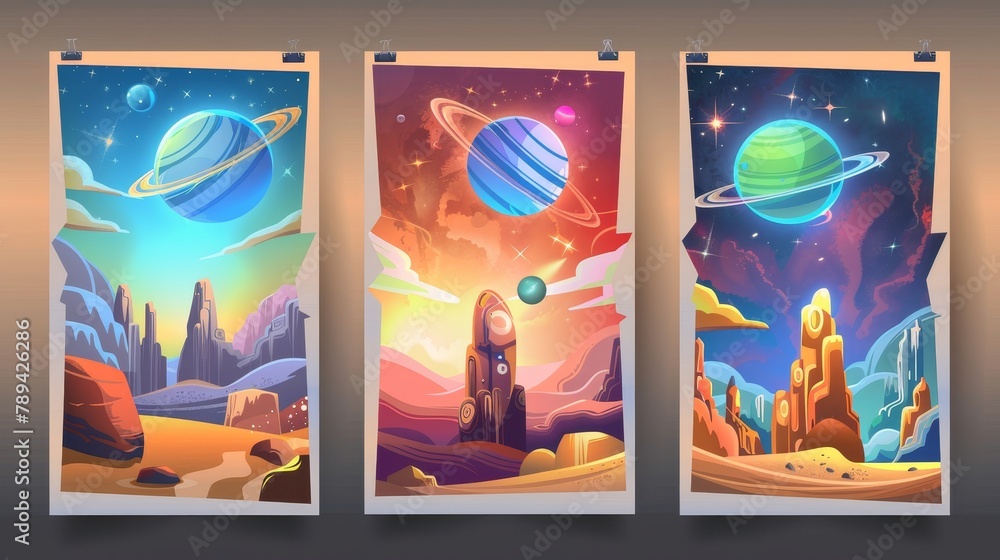 Poster modern set of space exploration posters featuring a cartoon illustration of alien planets on an oute