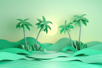 Fototapeta na wymiar 3D render of colorful tropical beach with palm trees made from paper art origami. paper art for a banner or wallpaper design concept