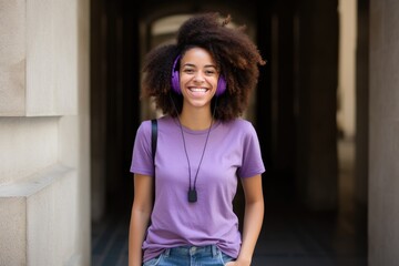 portrait of a happy African American woman with headphones leaning against the wall.