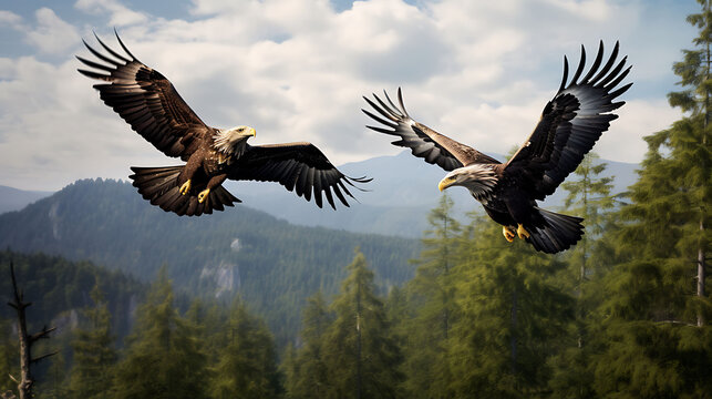 A pair of white-tailed eagles soaring high above a dense pine forest.