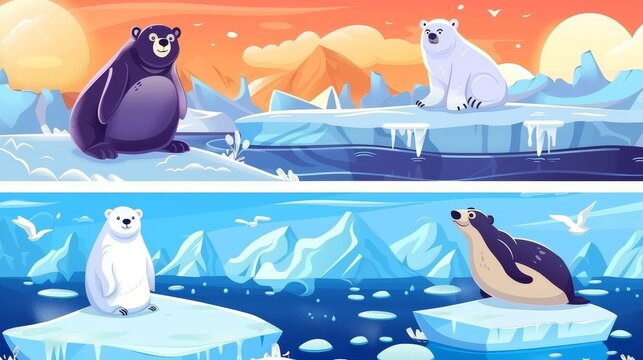 Penguins, polar bear and seal sit on ice floes in sea. Antarctica or North Pole inhabitants. Animals in the wild, modern banner set.