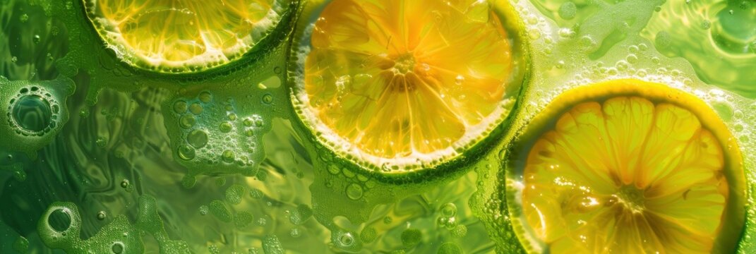 Creative summer composition made of sliced lemon in green transparent water. Refreshment concept, Banner Image For Website, Background, Desktop Wallpaper