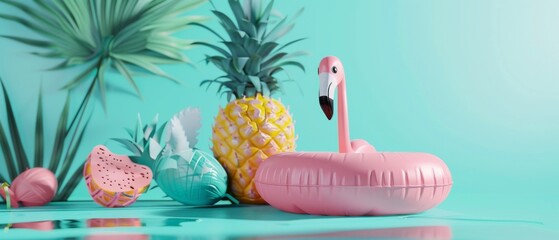 3d rendering of a pineapple and flamingo float over a pastel blue background. Summer minimal concept.