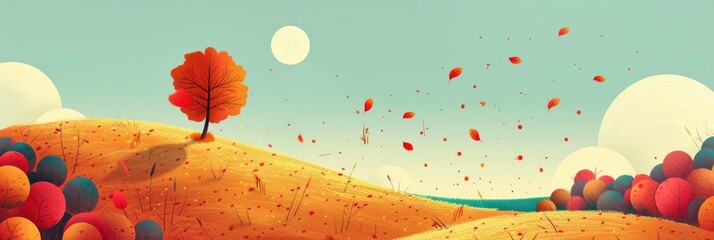 Fall leaves in idyllic landscape , highlighting its striking features, Graphic Design, digital composition with clean lines and bold typography, Banner Image For Website, Background, Desktop Wallpaper - obrazy, fototapety, plakaty