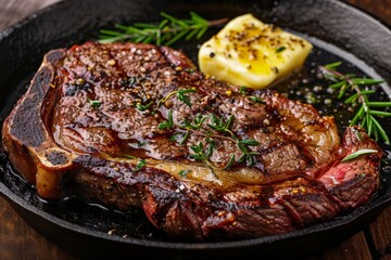 A perfectly cooked ribeye steak with a golden brown sear, resting on a cast iron skillet with melted butter and fresh herbs.