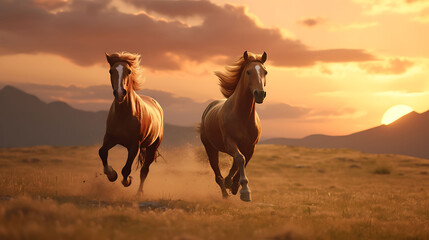 A pair of wild horses galloping freely across an expansive open field.