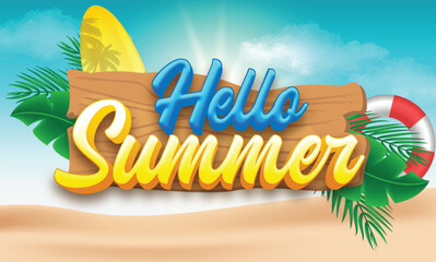 Hello summer editable text effect with beach background